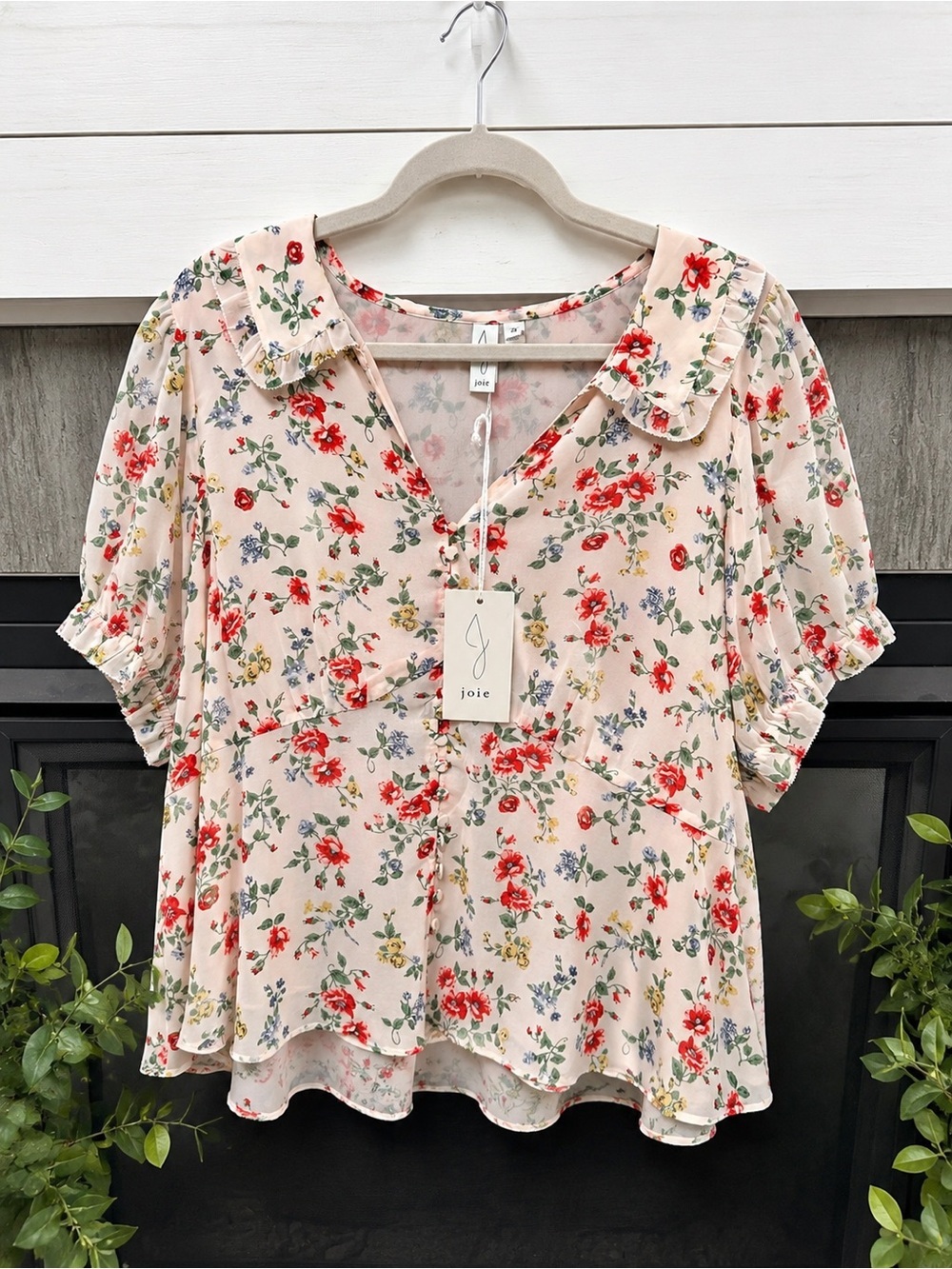 NWT Joie Floral Ruffle Collar Blouse Size 2X Pink Romantic Boho Top